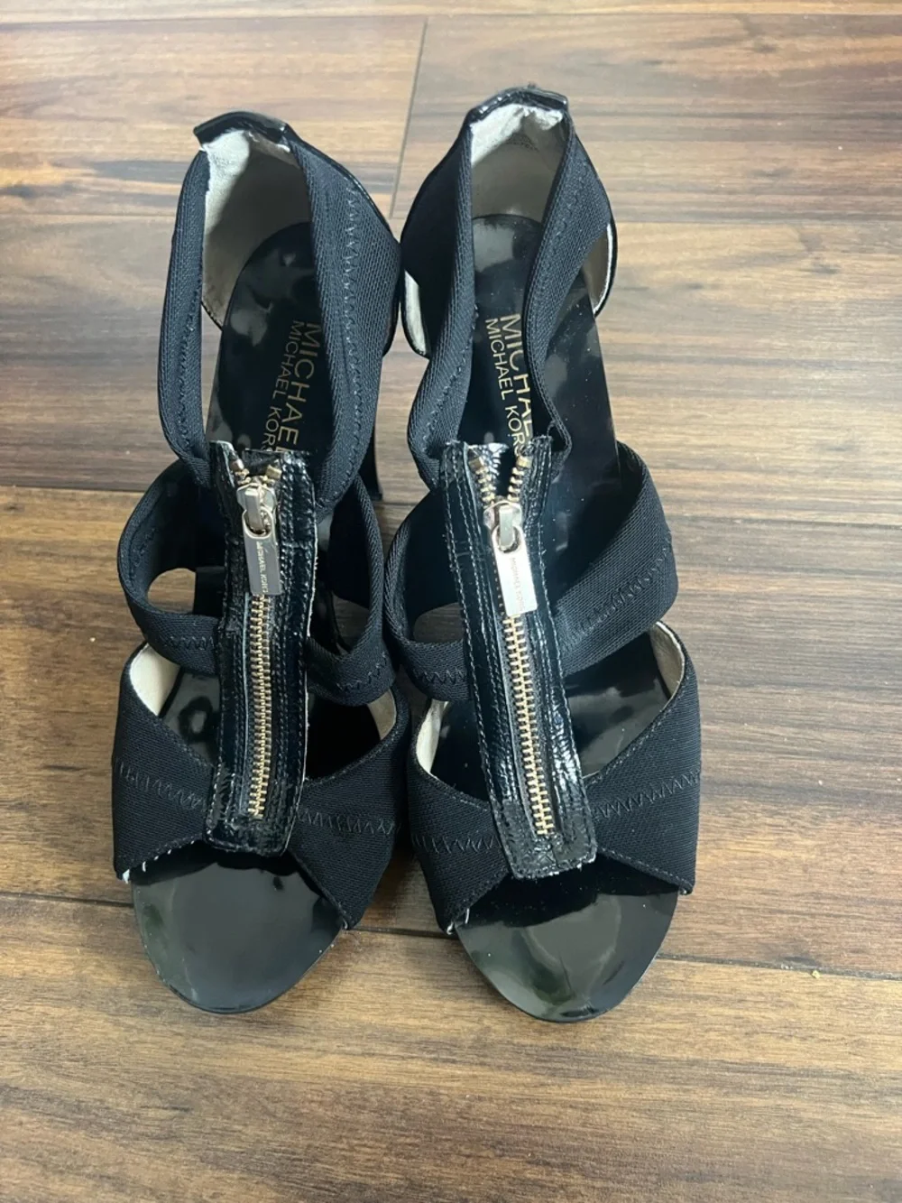 Michael Kors Black and Gold Front-Zip High Heel Sandals Sz 9 M - Picture 6 of 8